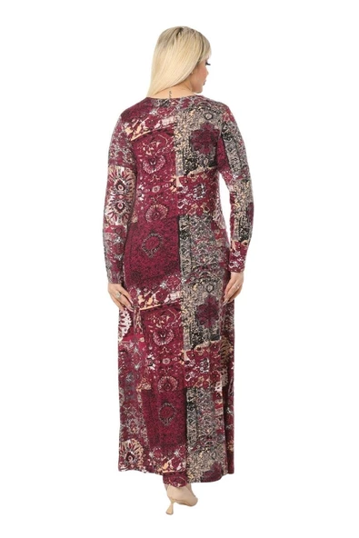 Melsay Butik Bordo Etnik Desen Kollu Kadın Uzun Tesettür Elbise - 5