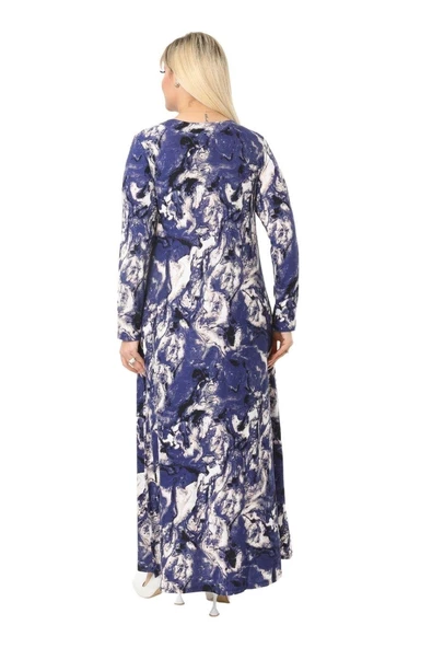 Melsay Butik Mavi Batik Desen Kollu Kadın Uzun Tesettür Elbise - Resim 6