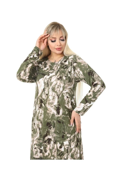 Melsay Butik Yeşil Batik Desen Kollu Kadın Uzun Tesettür Elbise - 5