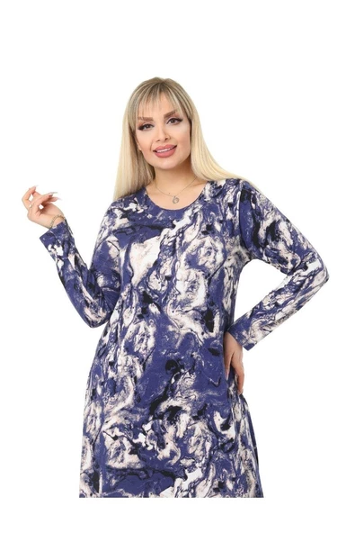 Melsay Butik Mavi Batik Desen Kollu Kadın Uzun Tesettür Elbise - Resim 5