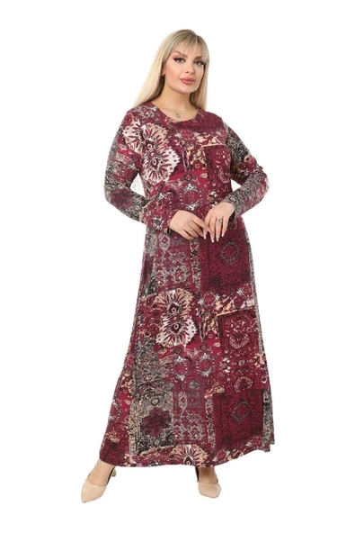 Melsay Butik Bordo Etnik Desen Kollu Kadın Uzun Tesettür Elbise - 3