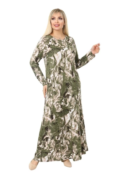 Melsay Butik Yeşil Batik Desen Kollu Kadın Uzun Tesettür Elbise - 3