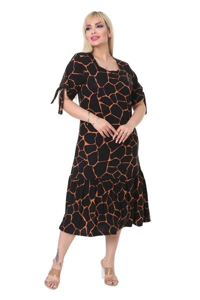 Melsay Butik Geometrik Bağlamalı Kısa Kol Siyah Kadın Midi Elbise - 3