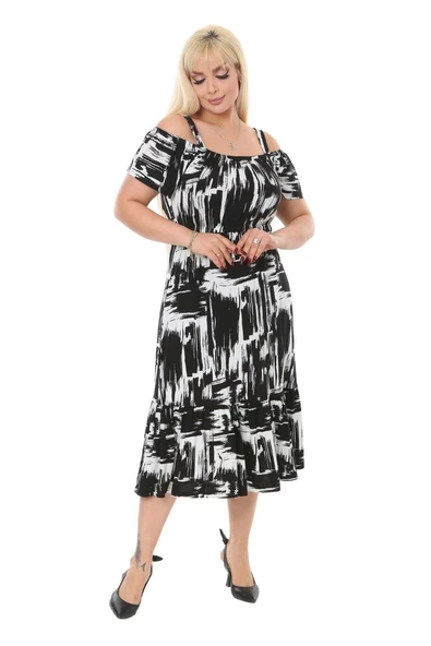 Melsay Butik Siyah Fırça Desen Askılı Madonna Yaka Midi Elbise - Resim 3