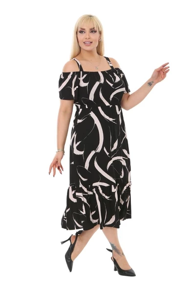 Melsay Butik Siyah Tüy Desen Askılı Madonna Yaka Midi Elbise - 3