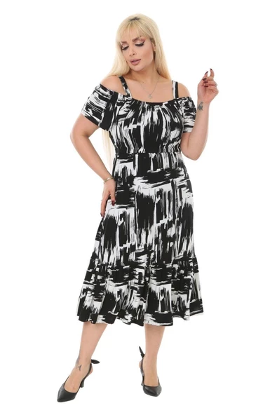 Melsay Butik Siyah Fırça Desen Askılı Madonna Yaka Midi Elbise - Resim 2