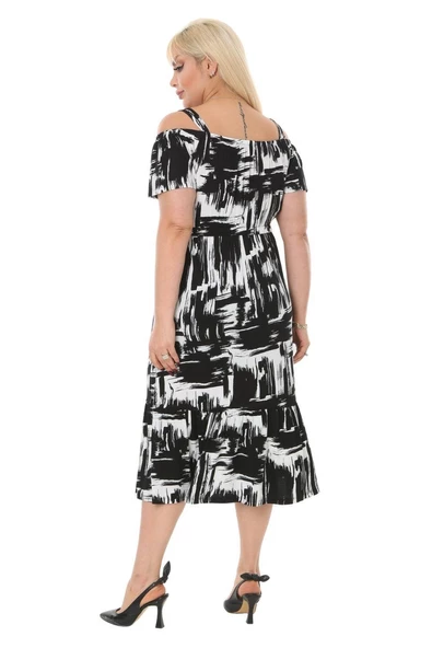 Melsay Butik Siyah Fırça Desen Askılı Madonna Yaka Midi Elbise - Resim 5