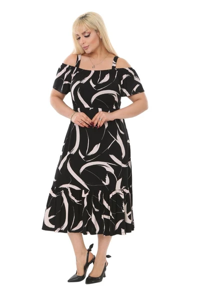 Melsay Butik Siyah Tüy Desen Askılı Madonna Yaka Midi Elbise - 4