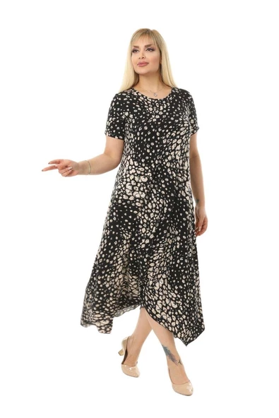 Melsay Butik Çakıltaşı Desen Asimetrik Kısa Kollu Uzun Elbise - Resim 2