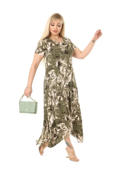 Melsay Butik Yeşil Batik Desen Asimetrik Kısa Kollu Uzun Elbise - Resim 4