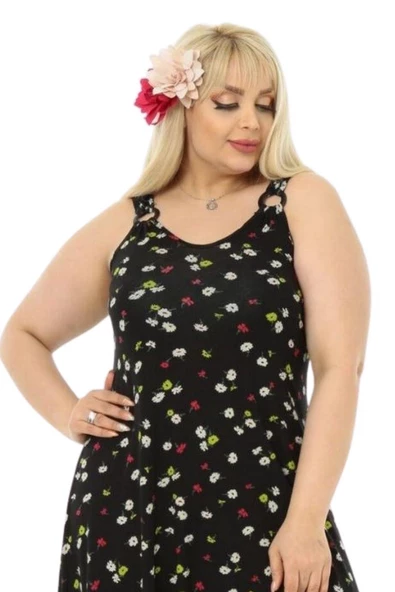 Melsay Butik Siyah Papatya Desen Askılı V Yaka Uzun Elbise - Resim 6