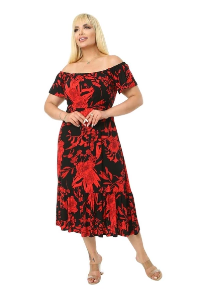 Melsay Butik Kırmızı Yaprak Desen Askılı Madonna Yaka Midi Elbise - 4