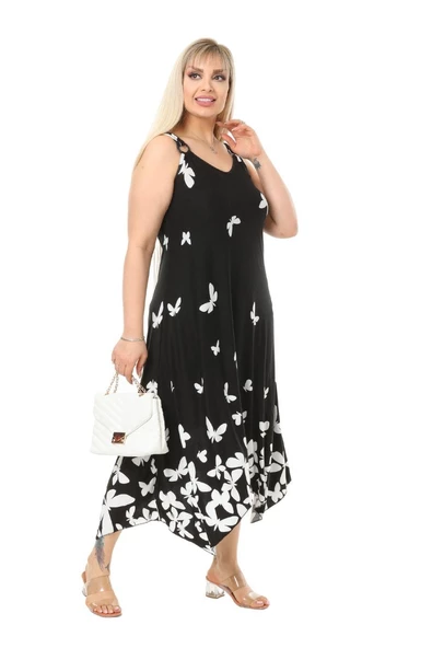Melsay Butik Kelebek Desen Askılı V Yaka Uzun Elbise - 4
