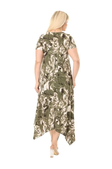 Melsay Butik Yeşil Batik Desen Asimetrik Kısa Kollu Uzun Elbise - Resim 5