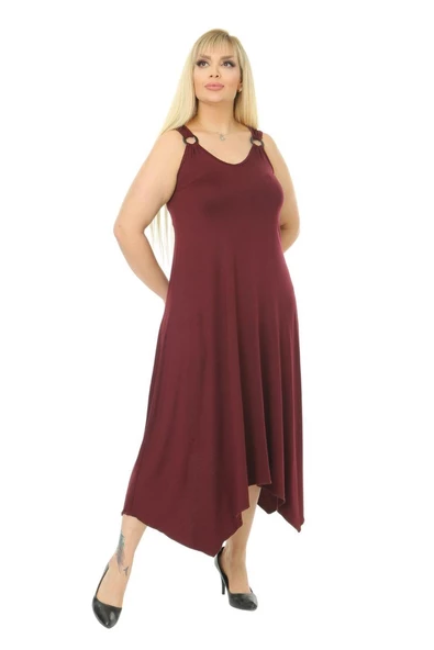 Melsay Butik Düz Bordo Askılı V Yaka Uzun Elbise - 2