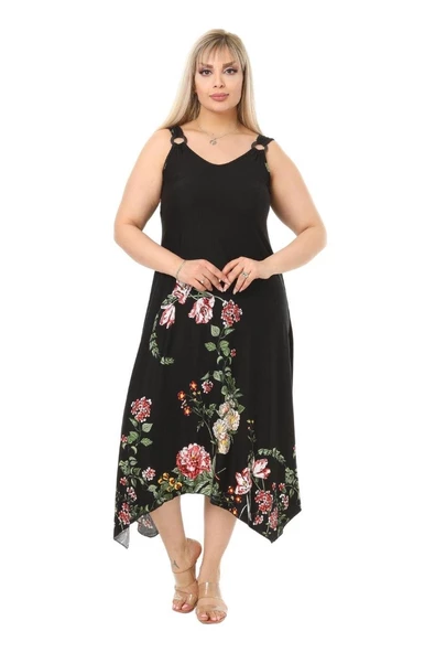 Melsay Butik Siyah Pembe Çiçekli Askılı V Yaka Uzun Elbise - 2