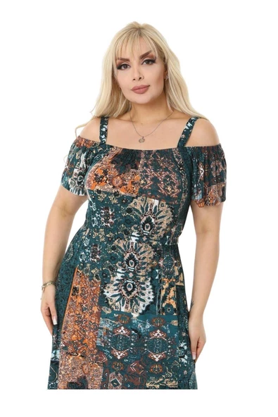 Melsay Butik Petrol Yeşili Askılı Madonna Yaka Midi Elbise - 5