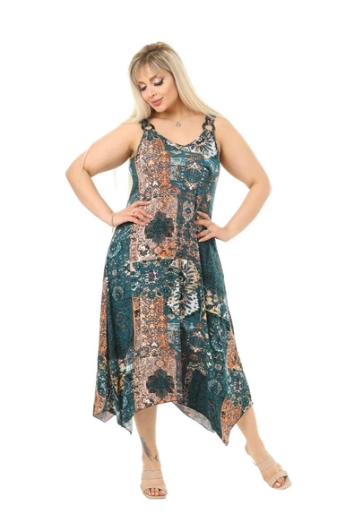 Melsay Butik Yeşil Etnik Desen Askılı V Yaka Uzun Elbise - Resim 4