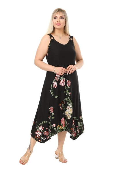 Melsay Butik Siyah Pembe Çiçekli Askılı V Yaka Uzun Elbise - 4