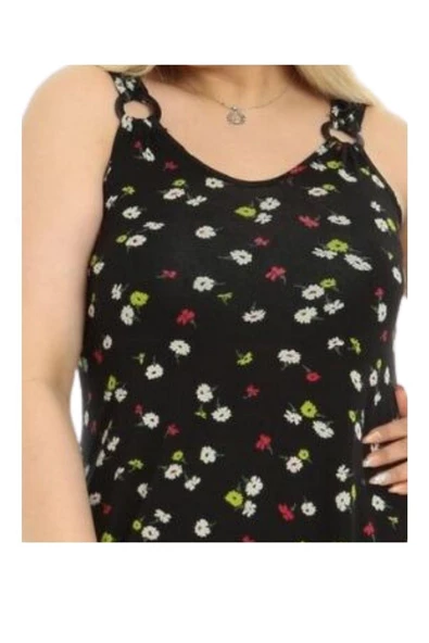 Melsay Butik Siyah Papatya Desen Askılı V Yaka Uzun Elbise - Resim 4