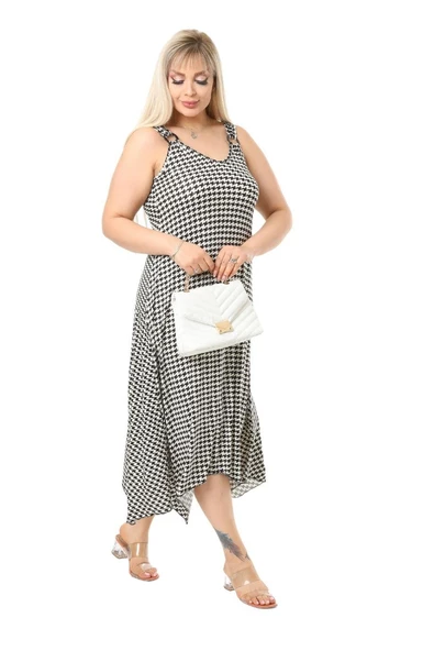 Melsay Butik Kazayağı Desen Askılı V Yaka Uzun Elbise - 3