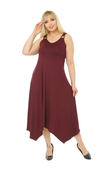 Melsay Butik Düz Bordo Askılı V Yaka Uzun Elbise - 3