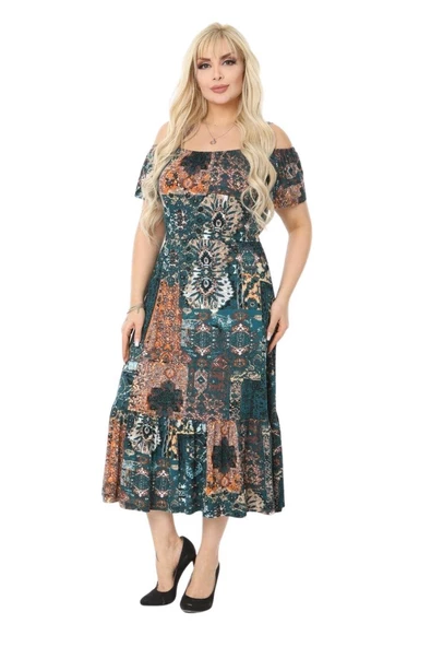 Melsay Butik Petrol Yeşili Askılı Madonna Yaka Midi Elbise - 2