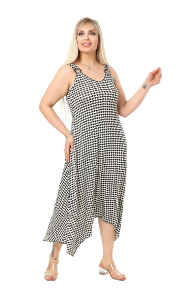 Melsay Butik Kazayağı Desen Askılı V Yaka Uzun Elbise - 4