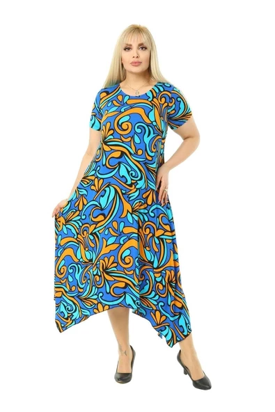 Melsay Butik Turkuaz Desen Asimetrik Kısa Kollu Uzun Elbise - 4