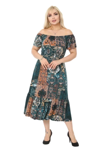 Melsay Butik Petrol Yeşili Askılı Madonna Yaka Midi Elbise - 6