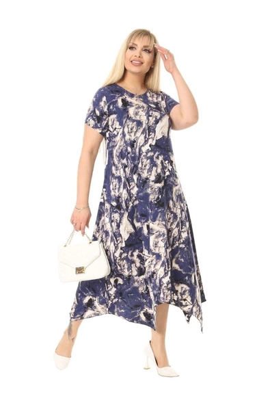 Melsay Butik Mavi Batik Desen Asimetrik Kısa Kollu Uzun Elbise - Resim 3