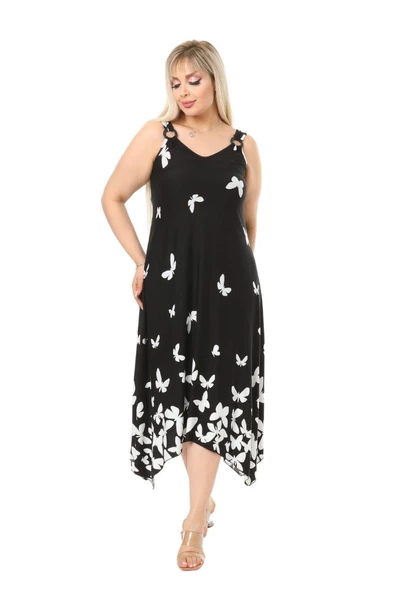 Melsay Butik Kelebek Desen Askılı V Yaka Uzun Elbise - 2