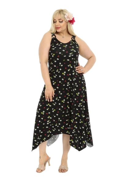 Melsay Butik Siyah Papatya Desen Askılı V Yaka Uzun Elbise - Resim 3