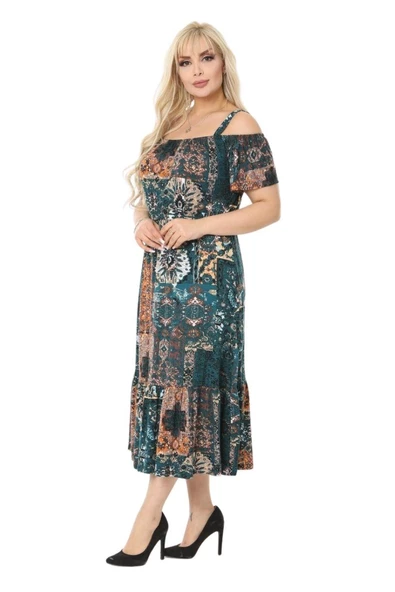 Melsay Butik Petrol Yeşili Askılı Madonna Yaka Midi Elbise - 3