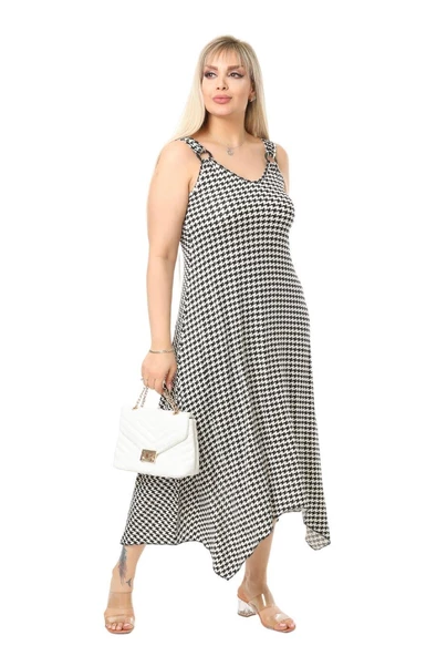 Melsay Butik Kazayağı Desen Askılı V Yaka Uzun Elbise - 2