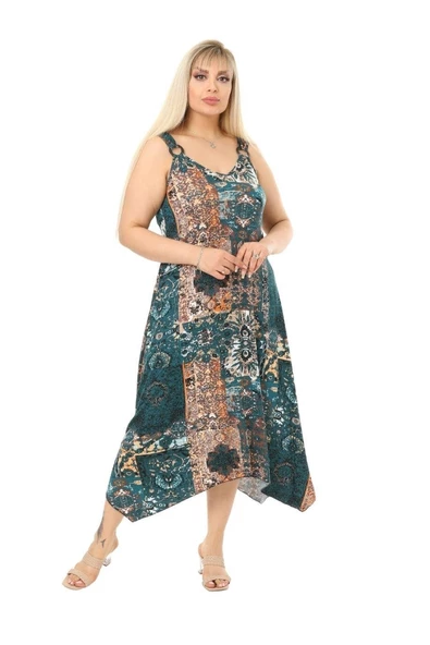 Melsay Butik Yeşil Etnik Desen Askılı V Yaka Uzun Elbise - Resim 2