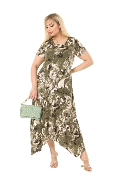 Melsay Butik Yeşil Batik Desen Asimetrik Kısa Kollu Uzun Elbise - Resim 2