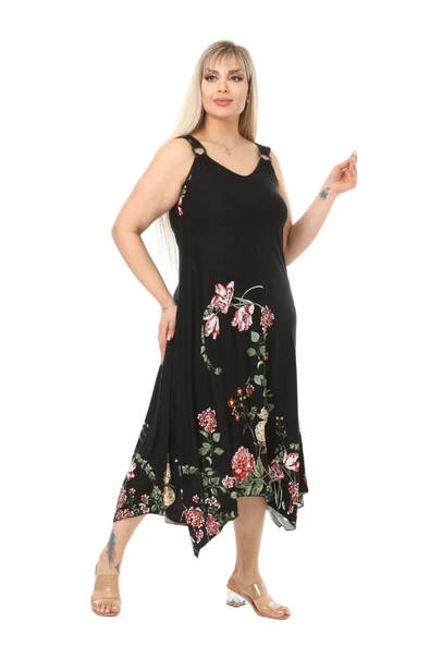 Melsay Butik Siyah Pembe Çiçekli Askılı V Yaka Uzun Elbise - 3