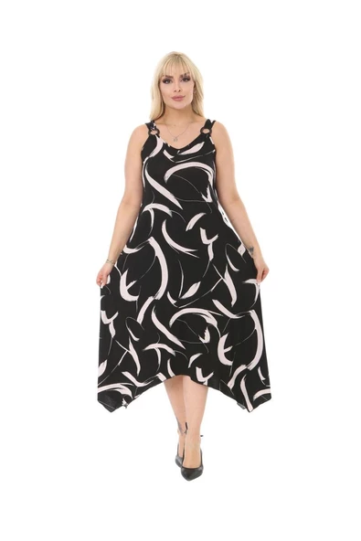 Melsay Butik Siyah Tüy Desen Askılı V Yaka Uzun Elbise - Resim 2