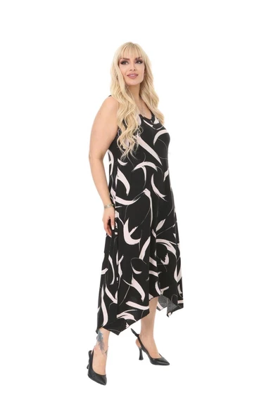 Melsay Butik Siyah Tüy Desen Askılı V Yaka Uzun Elbise - Resim 5