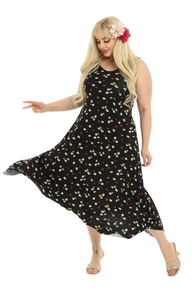 Melsay Butik Siyah Papatya Desen Askılı V Yaka Uzun Elbise - Resim 2