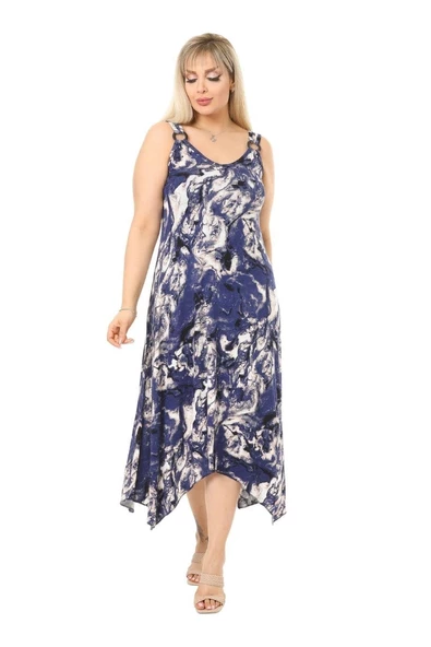 Melsay Butik Mavi Batik Desen Askılı V Yaka Uzun Elbise - Resim 3