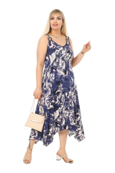 Melsay Butik Mavi Batik Desen Askılı V Yaka Uzun Elbise - Resim 4