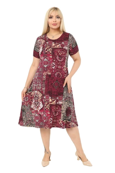 Melsay Butik Bordo Etnik Desen Kısa Kollu Büyük Beden Midi Elbise ürün görseli