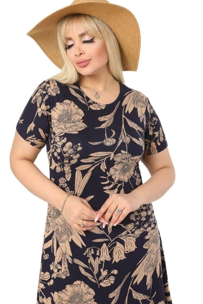 Melsay Butik Lacivert Palmiye Desen Kısa Kollu Büyük Beden Midi Elbise - 6