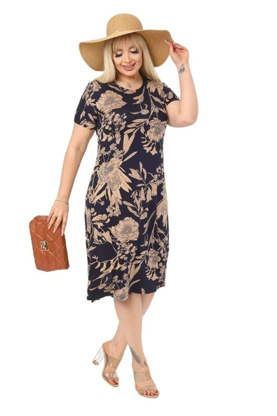 Melsay Butik Lacivert Palmiye Desen Kısa Kollu Büyük Beden Midi Elbise - 4