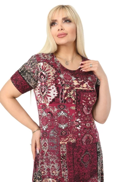 Melsay Butik Bordo Etnik Desen Kısa Kollu Büyük Beden Midi Elbise - Resim 6