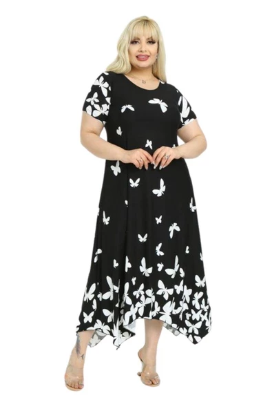 Melsay Butik Kelebek Desen Asimetrik Kısa Kollu Uzun Elbise - Resim 4