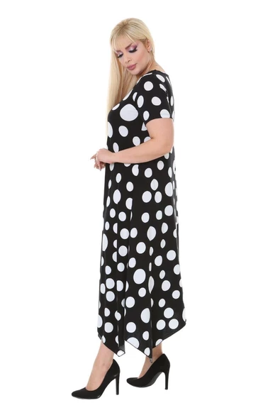 Melsay Butik Büyük Puanlı Asimetrik Kısa Kollu Uzun Elbise - Resim 5