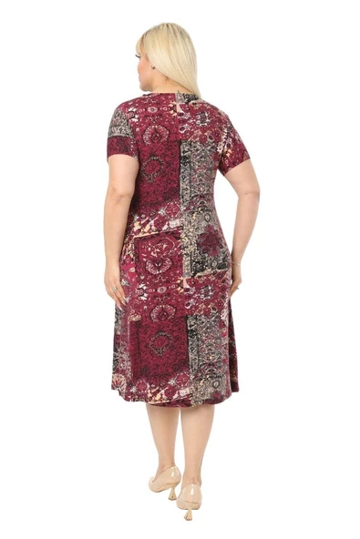 Melsay Butik Bordo Etnik Desen Kısa Kollu Büyük Beden Midi Elbise - Resim 5